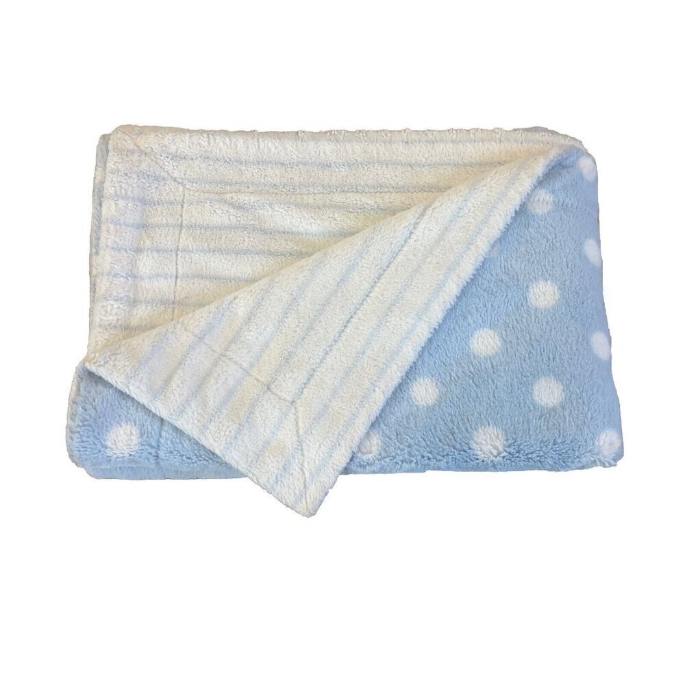 First Impressions Blue White Baby Blanket Stripe Polka Dot Reversible Plush